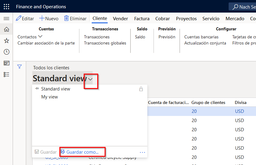 Captura de pantalla de cómo guardar una nueva vista y publicarla en roles y entidades jurídicas.