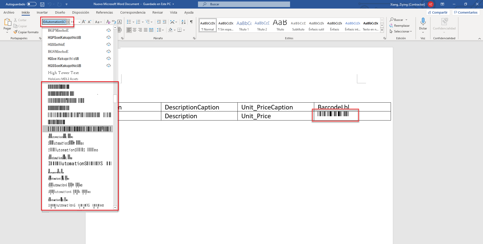 Captura de pantalla del código de barras en un diseño de Word
