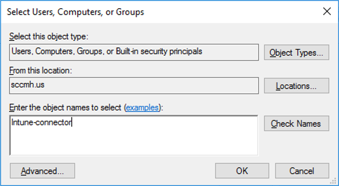 Captura de pantalla del panel Seleccionar usuarios, equipos o grupos.