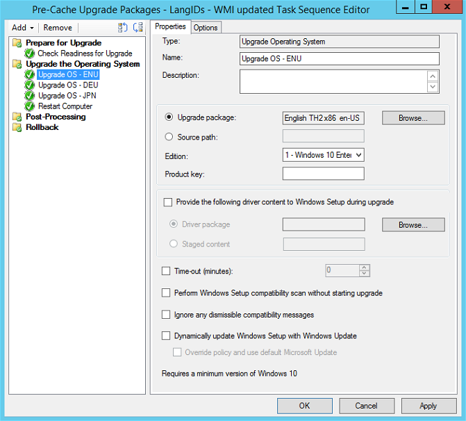 Editor de secuencia de tareas que muestra varios pasos del sistema operativo de actualización para ENU, DEU y JPN