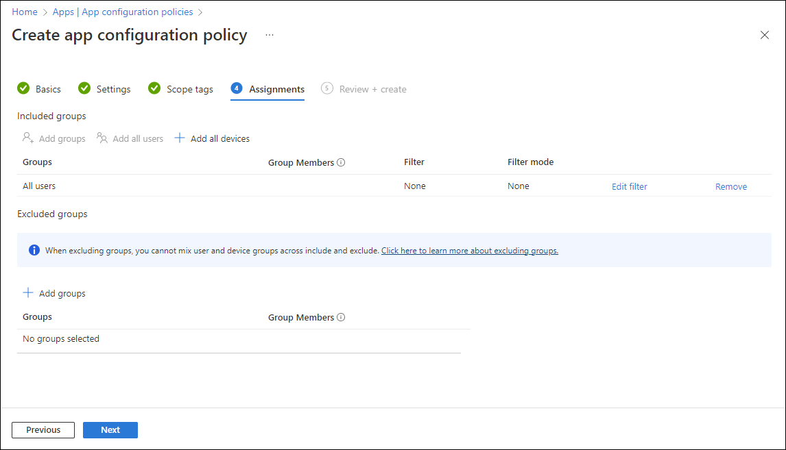 Captura de pantalla de las asignaciones de directivas: opción desplegable Todos los usuarios