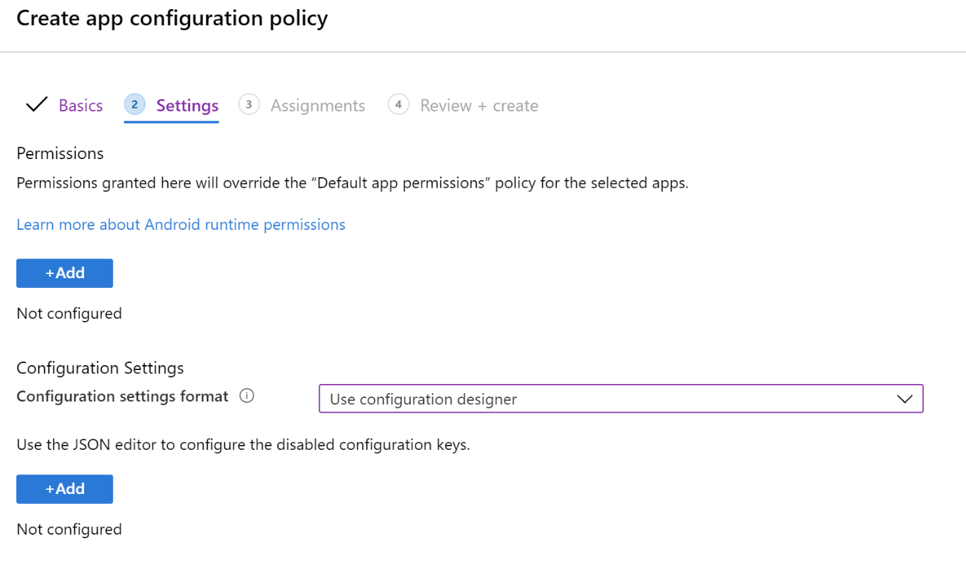 Cree una directiva de VPN de configuración de aplicaciones en Microsoft Intune mediante el Diseñador de configuración, por ejemplo.