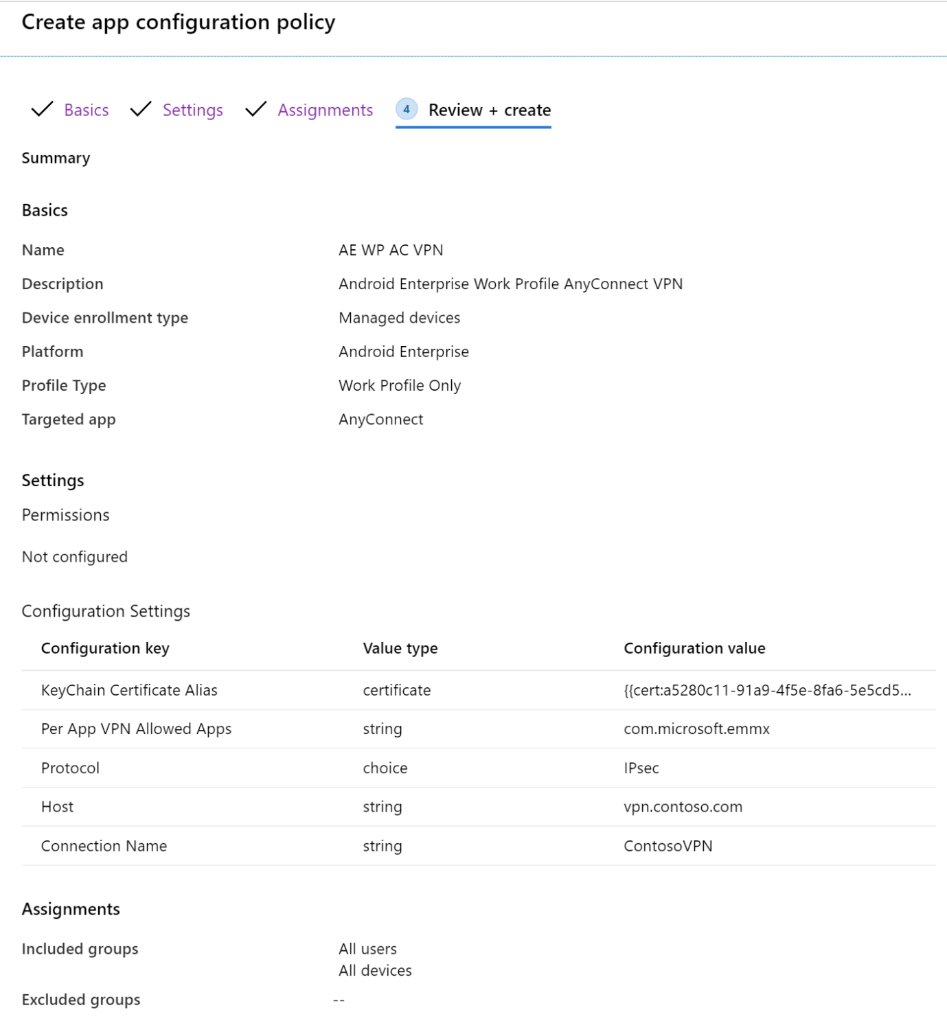 Revise la directiva de configuración de la aplicación mediante el flujo del Diseñador de configuración en Microsoft Intune ejemplo.