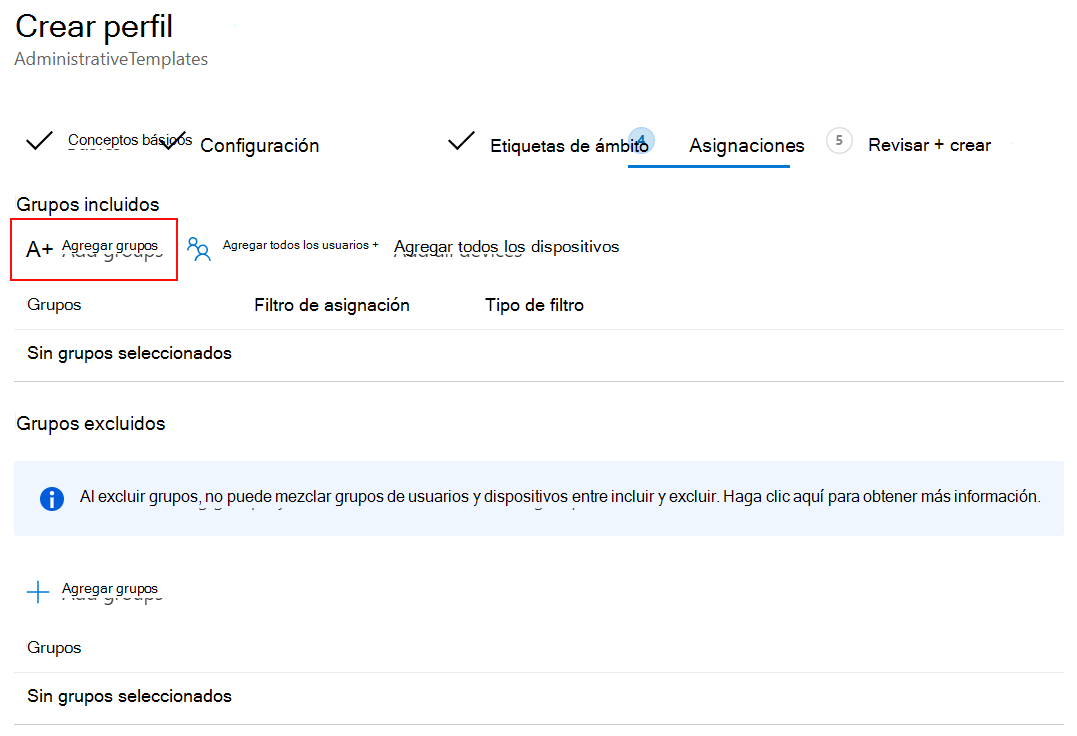 Captura de pantalla de Asignación o implementación de la plantilla de directiva de ADMX a usuarios o grupos en Microsoft Intune y centro de administración de Intune.