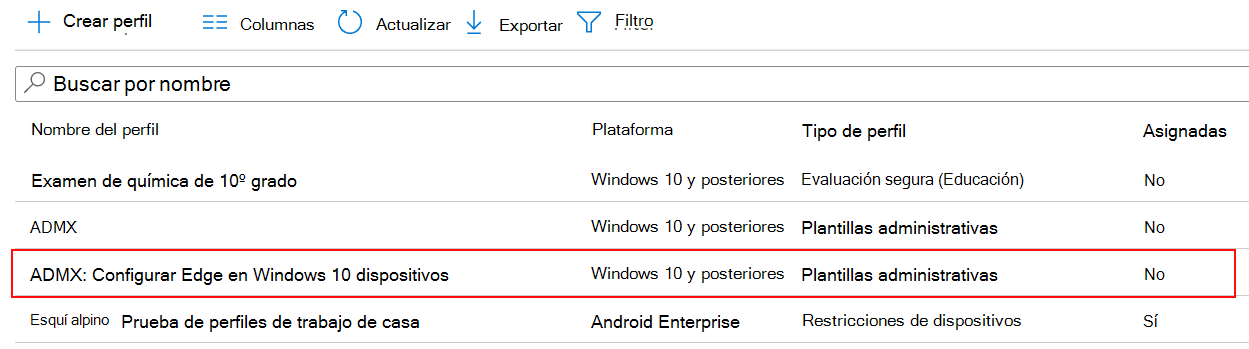 Captura de pantalla de la configuración de directiva ADMX que se muestra en la lista de perfiles de configuración del dispositivo en Microsoft Intune y centro de administración de Intune.