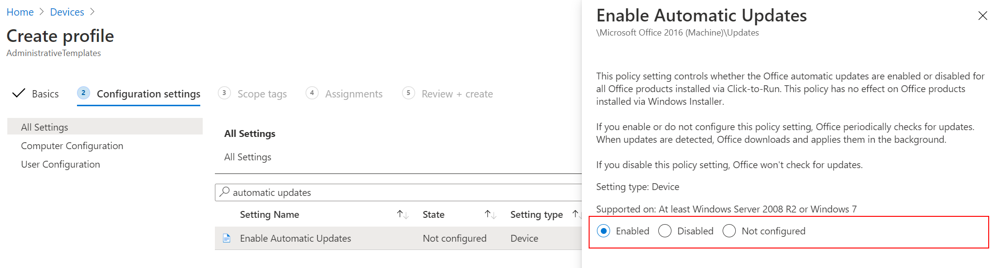 Captura de pantalla que muestra cómo habilitar las actualizaciones automáticas de Office mediante una plantilla administrativa en Microsoft Intune.