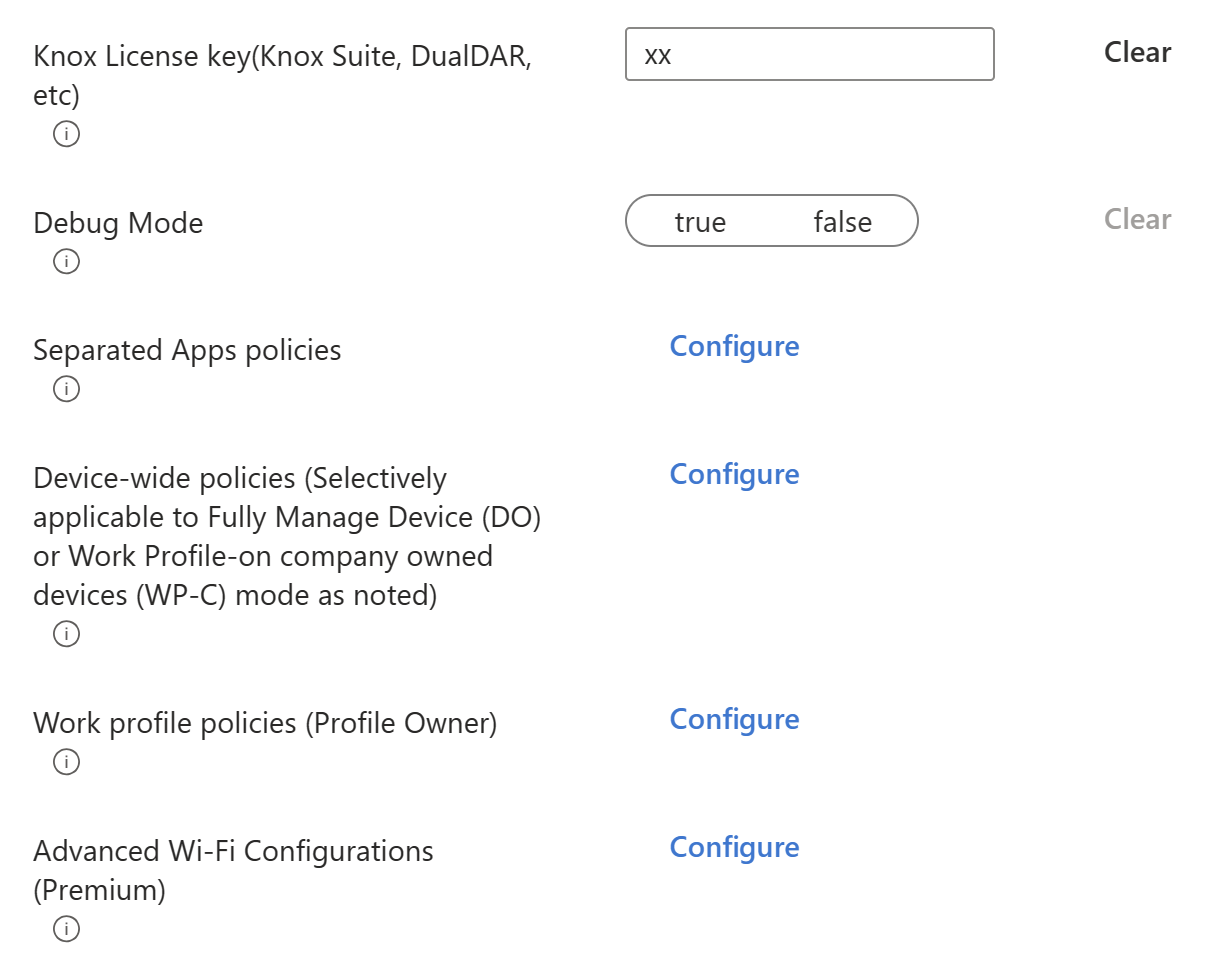 Captura de pantalla que muestra un perfil de configuración de dispositivo OEMConfig de ejemplo con grupos principales o agrupaciones que se pueden configurar en Microsoft Intune.