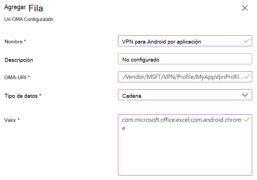 Captura de pantalla que muestra la directiva personalizada de VPN de administrador de dispositivos Android por aplicación en Microsoft Intune.