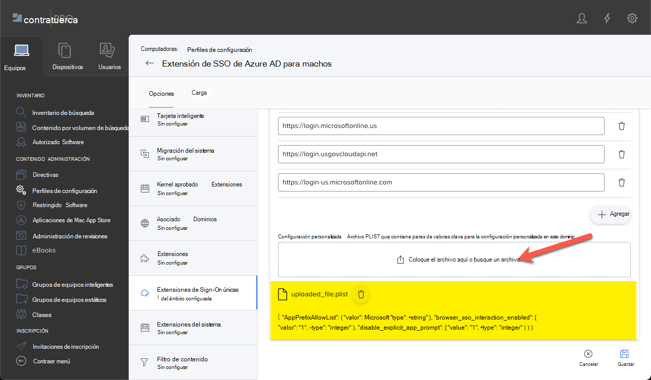 Captura de pantalla que muestra una configuración personalizada de ejemplo con un archivo PLIST para Jamf Pro.