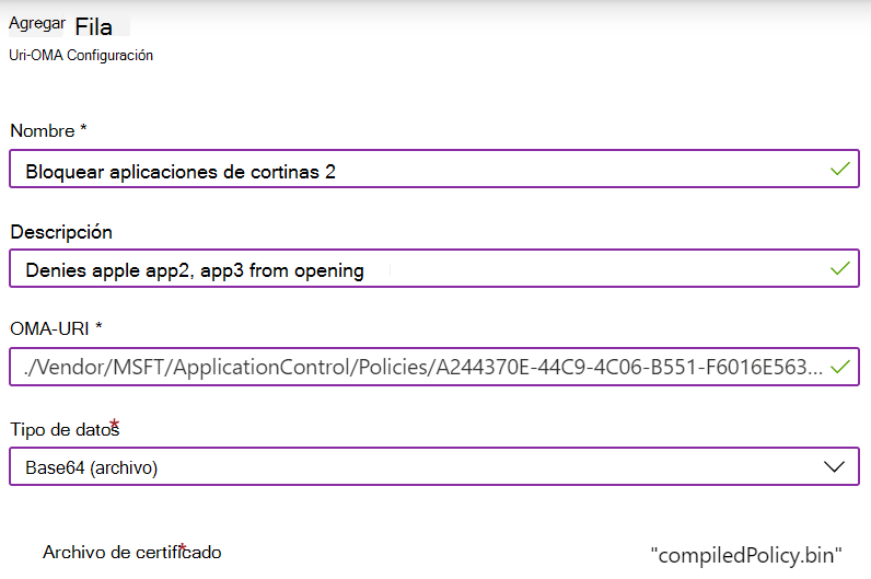 Agregue un OMA-URI personalizado para configurar el CSP ApplicationControl en Microsoft Intune.