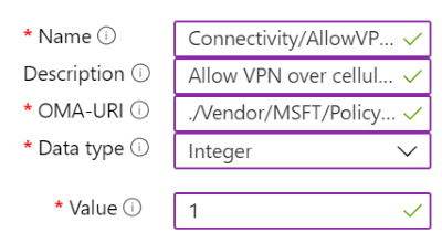 Captura de pantalla que muestra un ejemplo de una directiva personalizada que contiene la configuración de VPN en Intune.