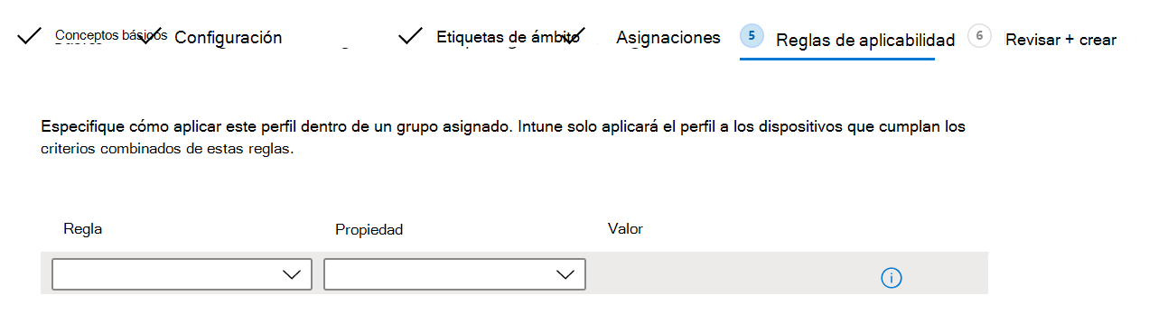 Captura de pantalla que muestra cómo agregar una regla de aplicabilidad a un perfil de configuración de dispositivo Windows 10 en Microsoft Intune.