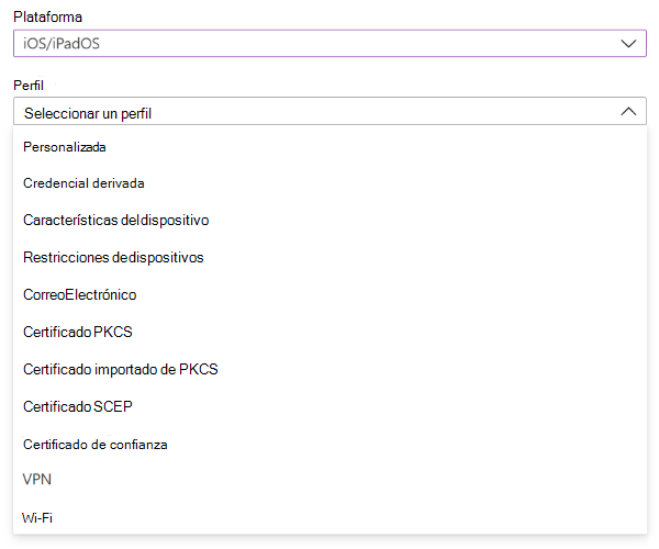 Captura de pantalla que muestra cómo crear una directiva y un perfil de configuración de dispositivos iOS/iPadOS en Microsoft Intune.