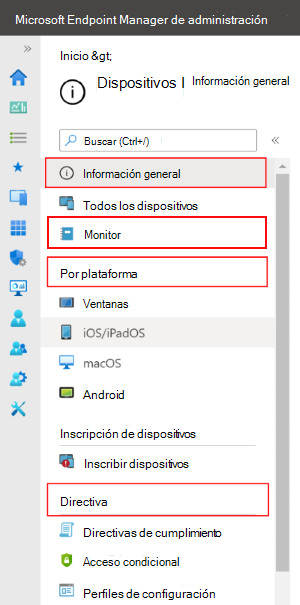 Captura de pantalla que muestra cómo seleccionar Dispositivos para ver lo que puede configurar y administrar en Microsoft Intune.
