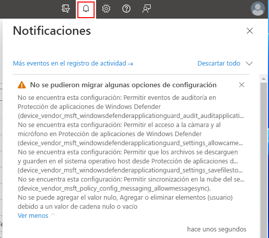 Captura de pantalla que muestra notificaciones con información adicional cuando se crea la directiva en Microsoft Intune.