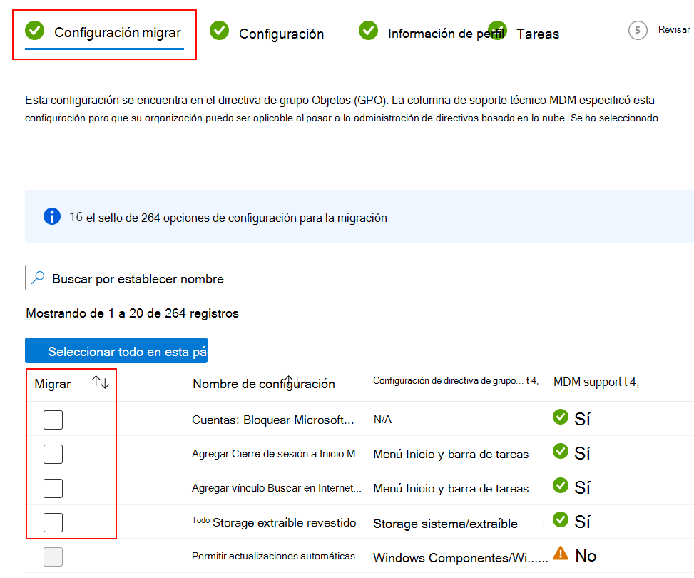 Captura de pantalla que muestra la configuración que se va a migrar y cómo seleccionar la casilla Migrar en Microsoft Intune.