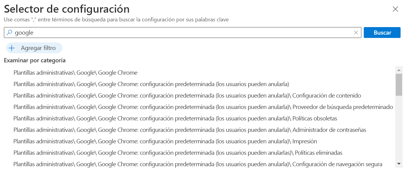 Captura de pantalla que muestra la configuración de Google Chrome en el catálogo de configuración integrado en Microsoft Intune y el Centro de administración de Intune. Use esta configuración para crear y configurar una directiva de Google Chrome en dispositivos Windows.