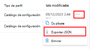 Captura de pantalla que muestra cómo exportar una directiva de catálogo de configuración como JSON en Microsoft Intune y Intune centro de administración.