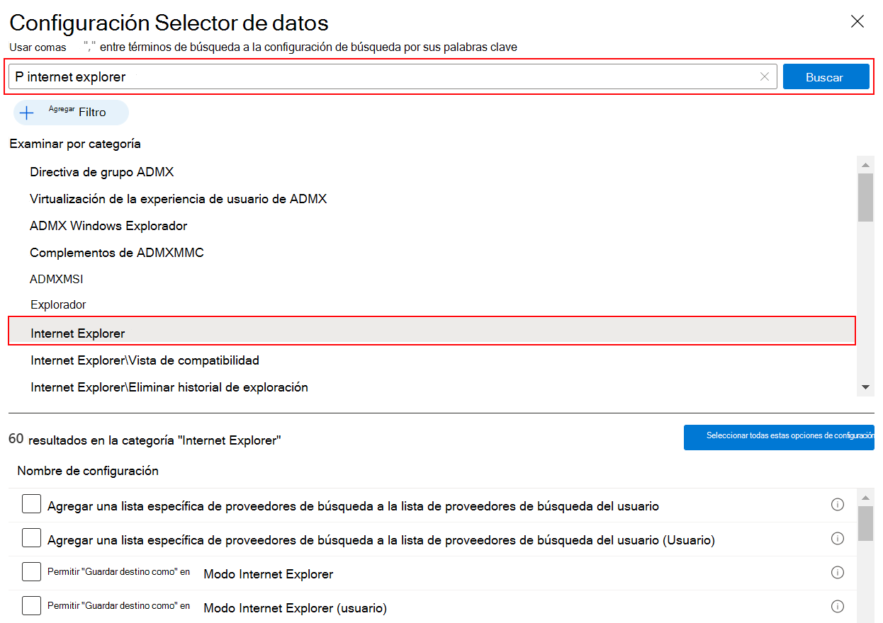 Captura de pantalla que muestra el catálogo de configuración al buscar Internet Explorer para ver toda la configuración de IE en Microsoft Intune y Intune centro de administración.