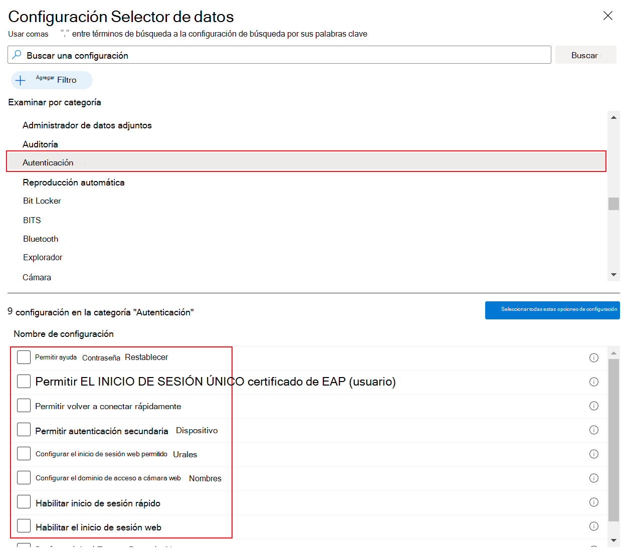 Captura de pantalla que muestra el catálogo de configuración al seleccionar Windows y autenticación en Microsoft Intune y Intune centro de administración.
