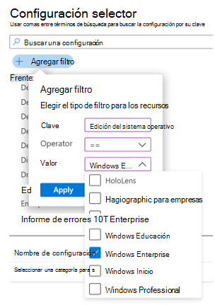 Captura de pantalla que muestra el Catálogo de configuración al filtrar la lista de configuración por edición de Windows en Microsoft Intune y Intune centro de administración.