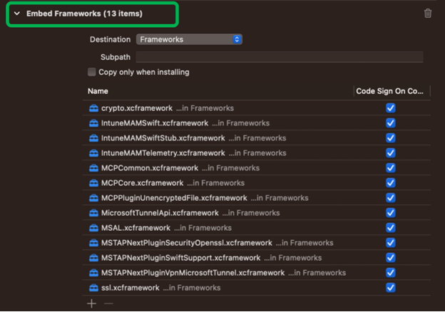 Captura de pantalla que muestra todos los marcos de Trabajo de Microsoft Tunnel insertados en Xcode en un dispositivo macOS.