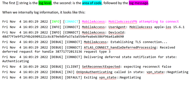 Captura de pantalla que muestra una salida de registro de Microsoft Tunnel de ejemplo en Xcode en un dispositivo macOS.