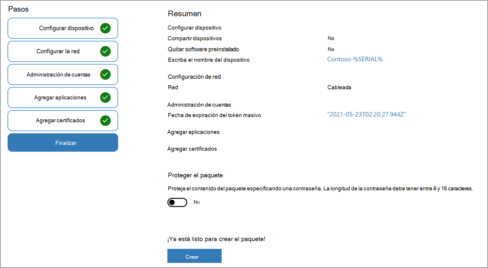 Captura de pantalla de la protección de paquetes en la aplicación de Designer configuración de Windows