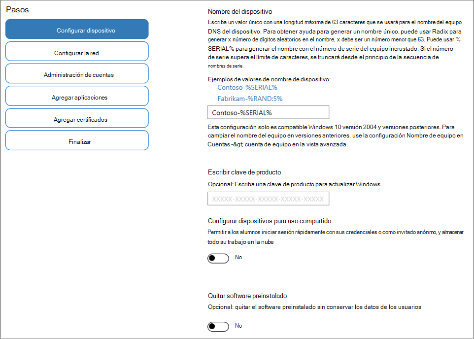 Captura de pantalla de la especificación de nombre y clave de producto en la aplicación Windows Configuration Designer
