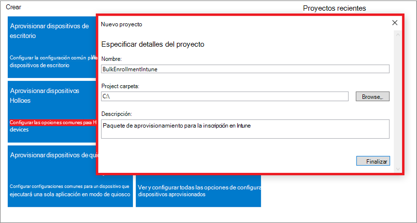 Captura de pantalla de la especificación del nombre, la carpeta del proyecto y la descripción en la aplicación De configuración de Windows Designer