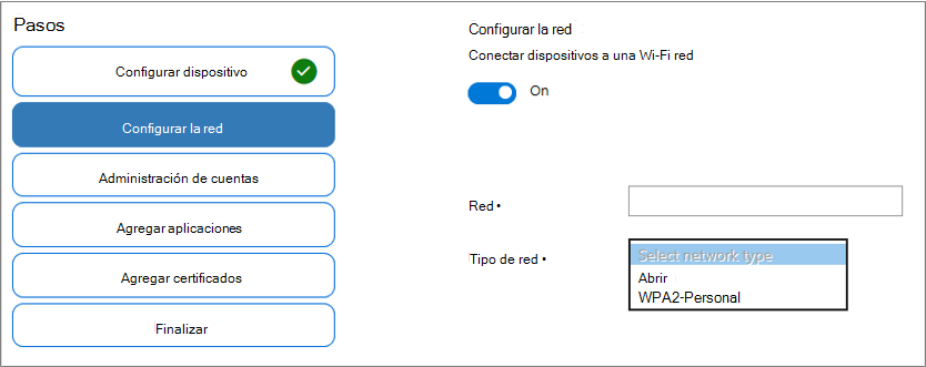 Captura de pantalla de la habilitación de Wi-Fi, incluidas las opciones DeSID de red y Tipo de red en la aplicación De configuración de Windows Designer