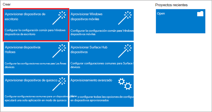 Captura de pantalla de la selección de Aprovisionar dispositivos de escritorio en la aplicación De configuración de Windows Designer