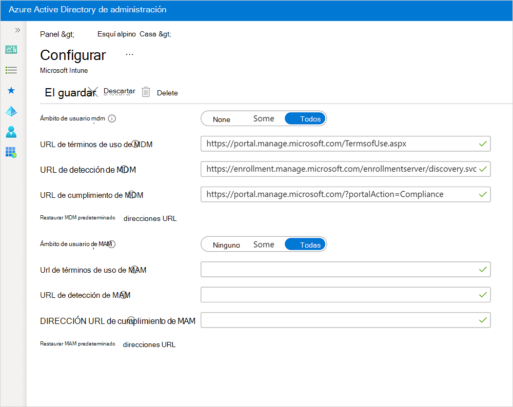 Captura de pantalla que muestra Azure Portal, donde puede configurar el ámbito de usuario de M D M.