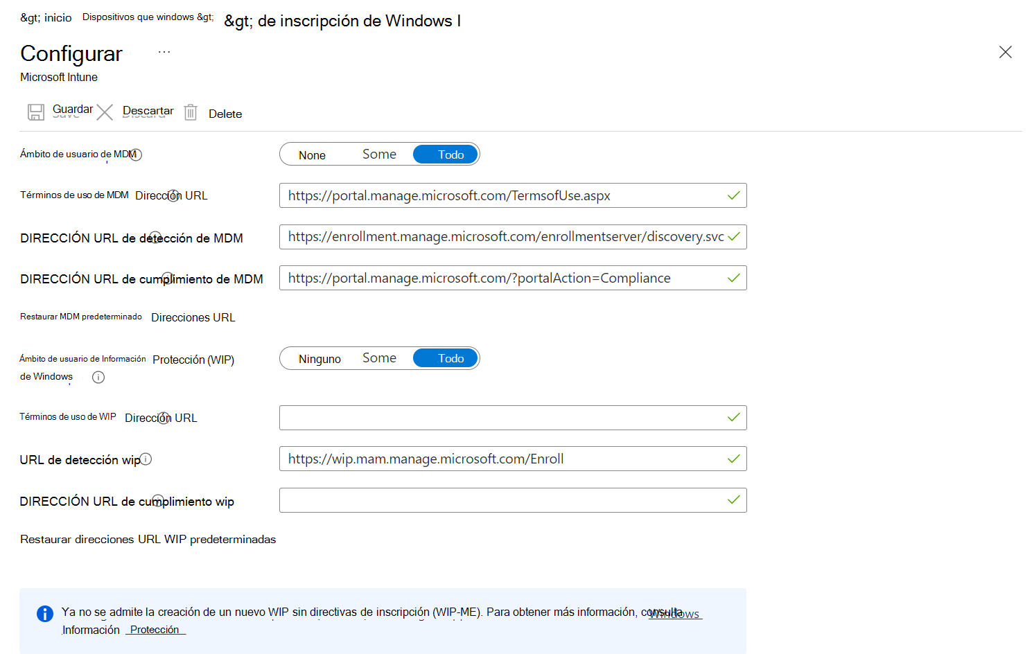 Captura de pantalla que muestra Azure Portal, donde puede configurar el ámbito de usuario de M D M.