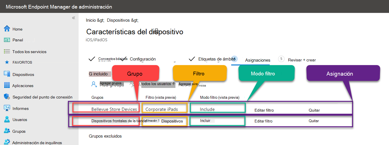 Captura de pantalla que muestra un conflicto de asignación de ejemplo al usar filtros en Microsoft Intune.