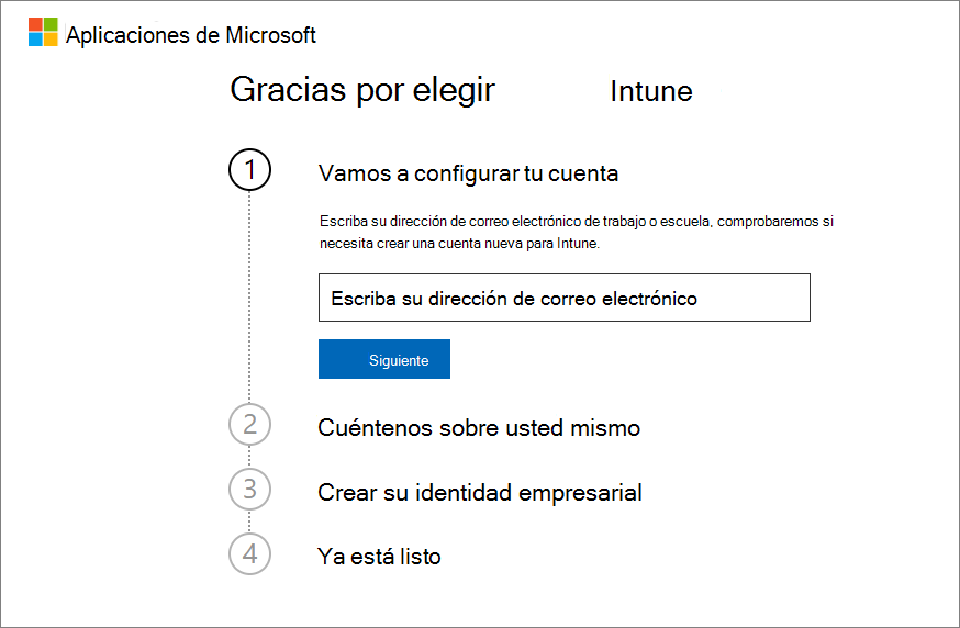 Captura de pantalla de la página Cuenta de configuración de Microsoft Intune: escriba la dirección de correo electrónico