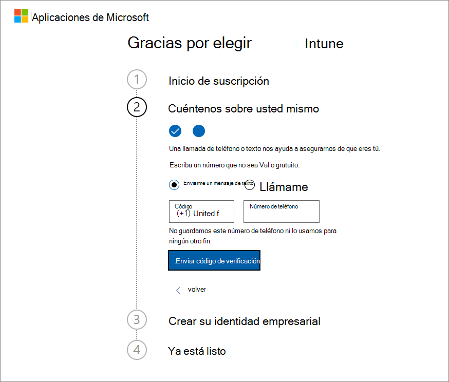 Captura de pantalla de la página Cuenta de configuración de Microsoft Intune: Enviar código de verificación