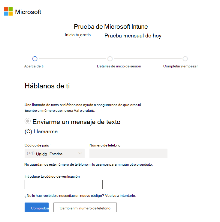 Captura de pantalla de la página Cuenta de configuración de Microsoft Intune: compruebe el código