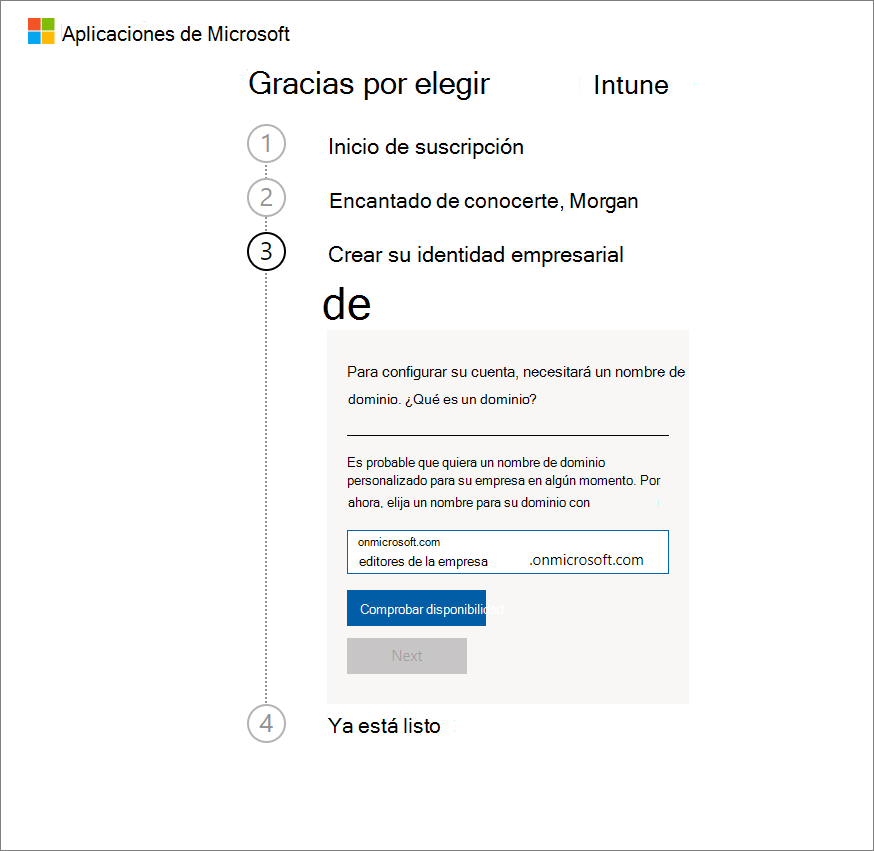 Captura de pantalla de la página Cuenta de configuración de Microsoft Intune: agregue el nombre de dominio