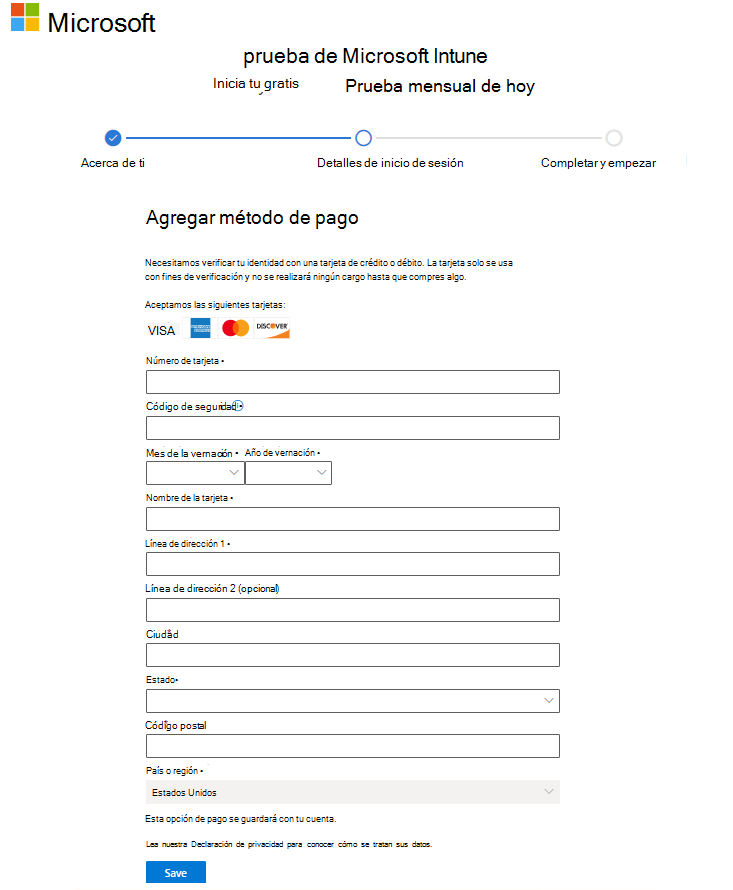 Captura de pantalla de la página configurar la cuenta de Microsoft Intune: Agregar método de pago