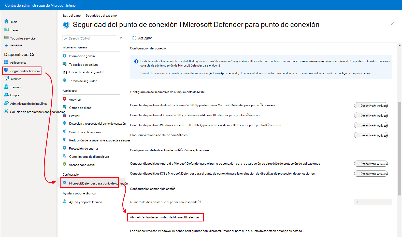 Captura de pantalla que muestra la revisión para abrir el Centro de seguridad de Microsoft Defender.