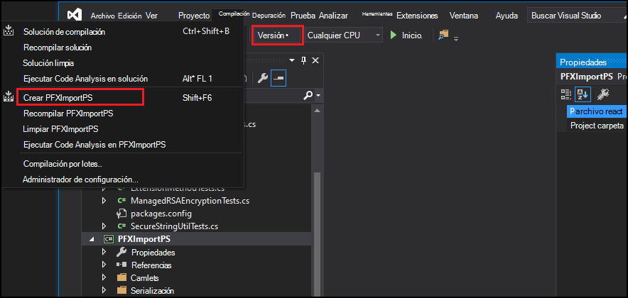 Opción de compilación de Visual Studio