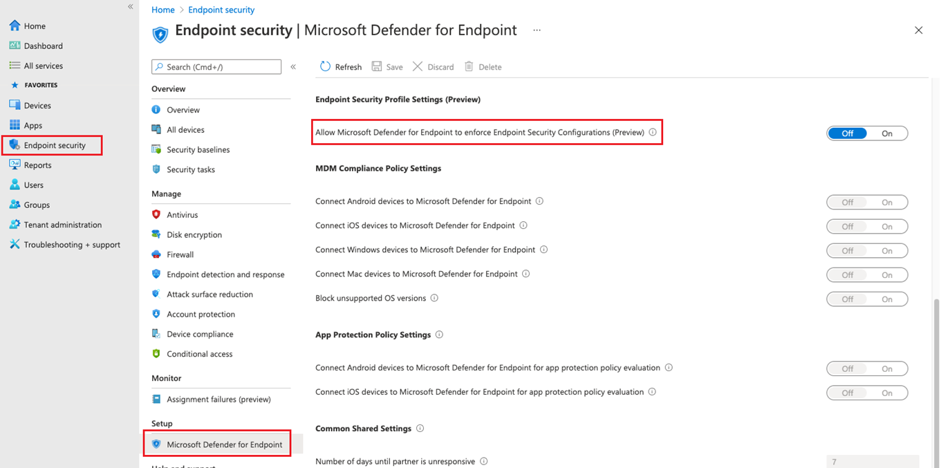 Habilite la administración de Microsoft Defender para punto de conexión configuración en el Centro de administración de Microsoft Endpoint Manager.