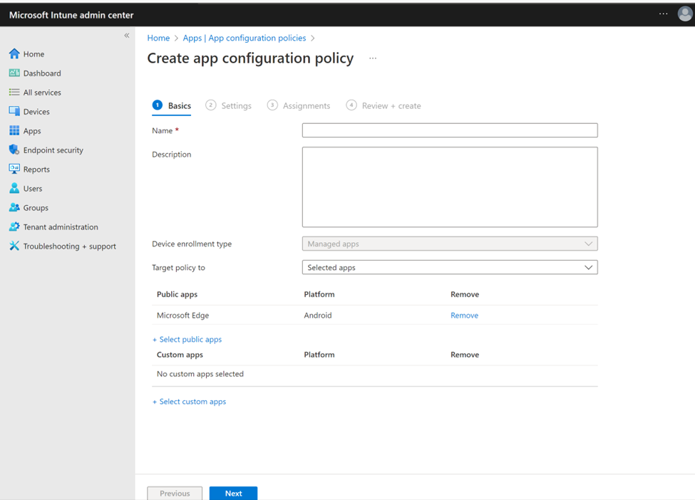 Captura de pantalla de la configuración de una directiva de configuración de aplicaciones con Microsoft Edge como una aplicación pública.