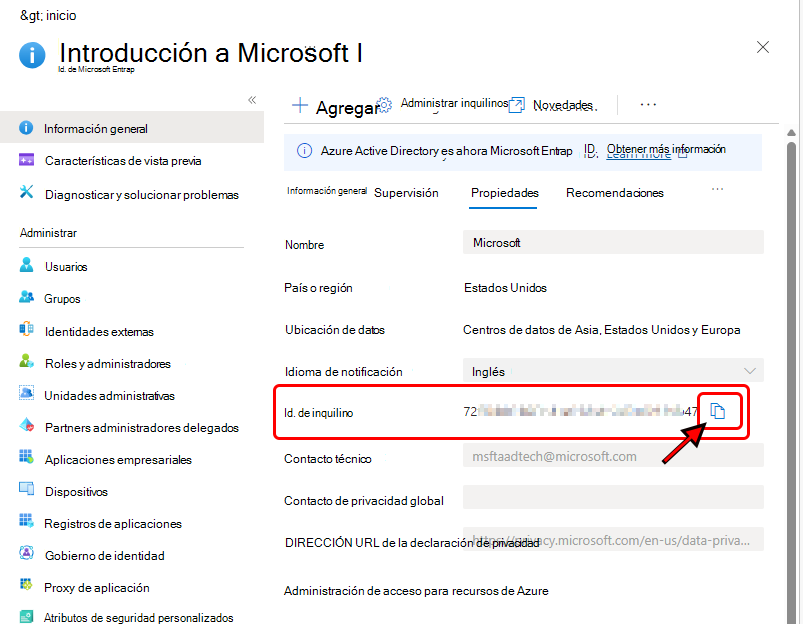 Imagen que muestra el identificador de inquilino en Azure Portal