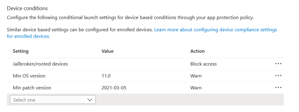 Captura de pantalla que muestra las condiciones basadas en dispositivos en una directiva de protección de aplicaciones en el centro de administración de Microsoft Intune.