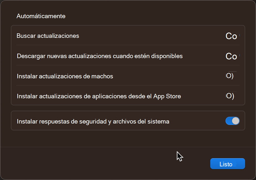 La configuración y los controles de actualización predeterminados del sistema operativo en un dispositivo Apple macOS.
