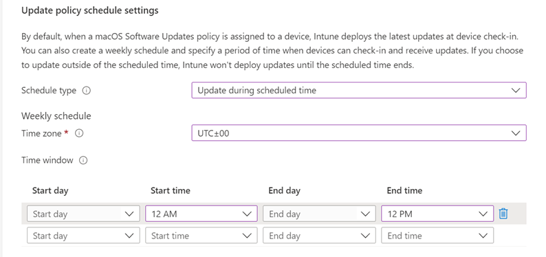 Captura de pantalla de la configuración de programación de la directiva de actualización.