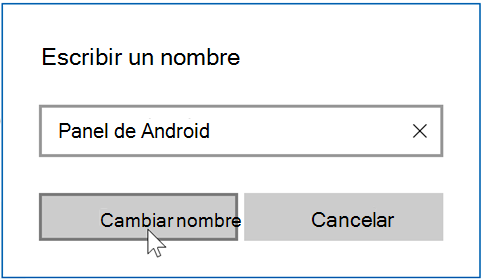 Captura de pantalla de ejemplo de la aplicación Portal de empresa para Windows, página Detalles del dispositivo, campo emergente Cambiar nombre.