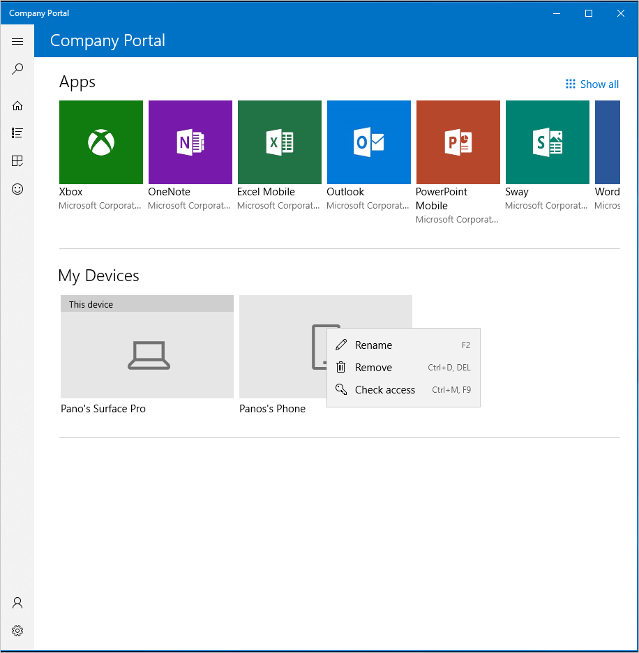 Captura de pantalla de ejemplo de la aplicación Portal de empresa para Windows, página principal. El menú contextual del dispositivo está visible en la sección Mis dispositivos de la página y muestra las acciones 